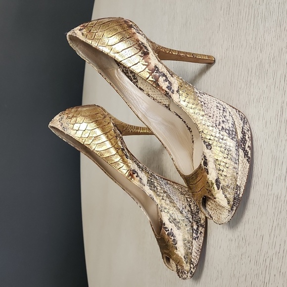 Christian Dior peeptoe gold python platform pumps.  VGUC - Picture 1 of 6